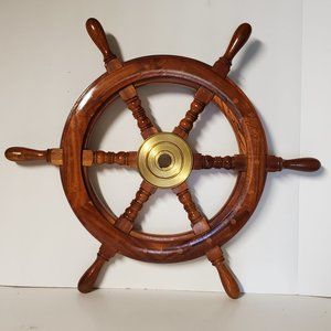 Vintage Wood Ships Wheel With Brass Hub 24" Nautical Decor